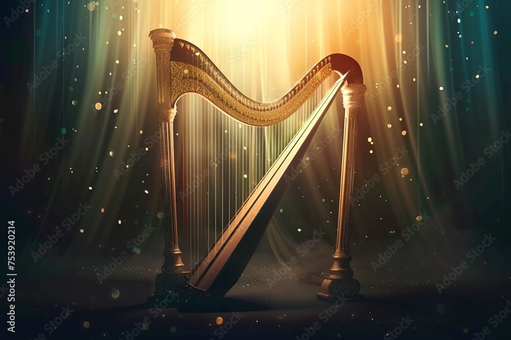 Golden Harp on Stage With Spotlight - obrazy, fototapety, plakaty 
