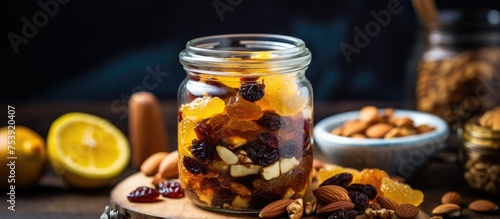 A jar filled with vegan dessert made from dried fruits, nuts, honey, and lemon is placed next to a bowl of nuts on a wooden board. The colorful mixture of fruits and nuts in the jar contrasts with the