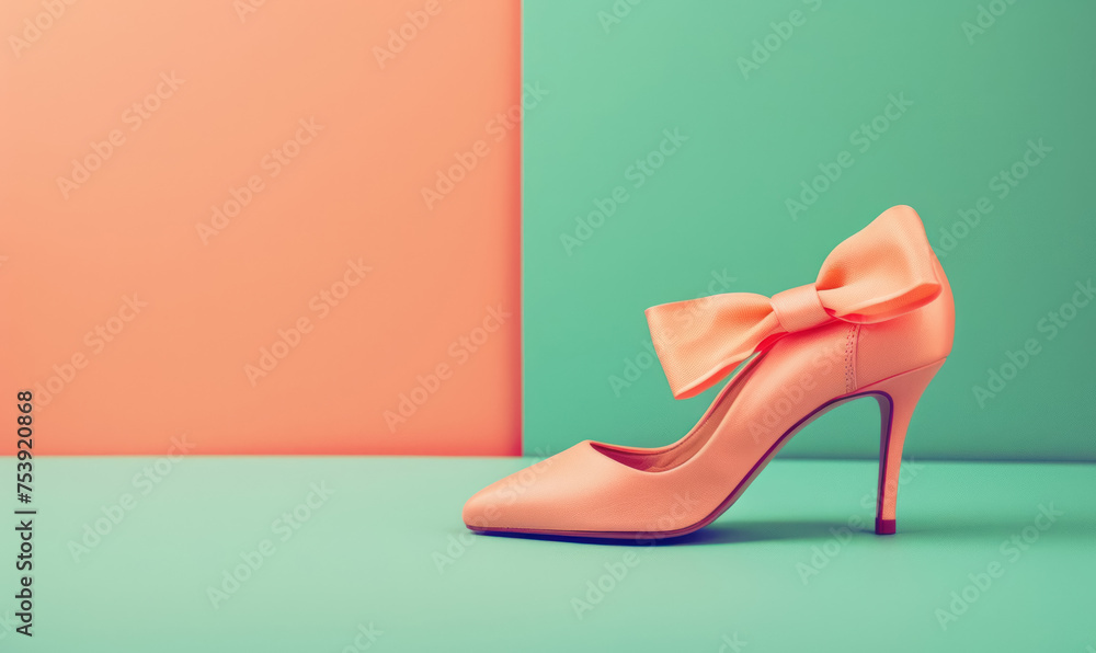 fashionable high heel with peach bow against pastel background - obrazy, fototapety, plakaty 