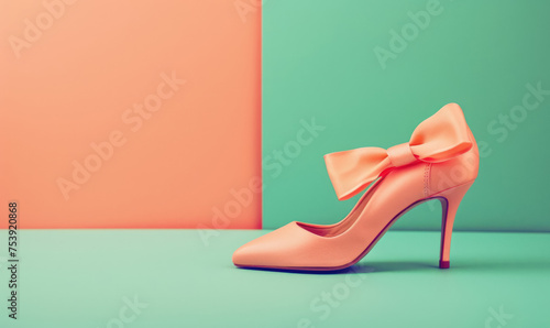 fashionable high heel with peach bow against pastel background