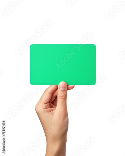 hand raising green blank card in front of white background