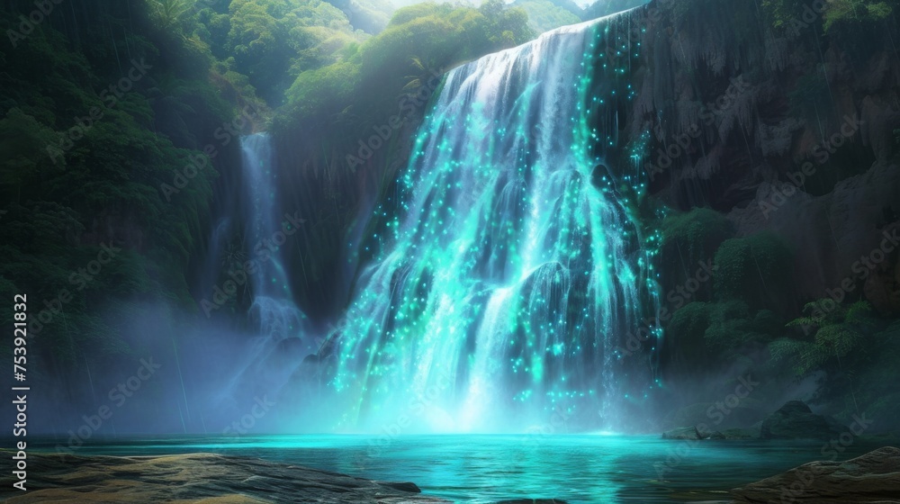 This illustration presents a mystical waterfall with radiant turquoise waters, set in a serene, enchanted forest, creating a magical atmosphere.