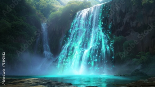 This illustration presents a mystical waterfall with radiant turquoise waters, set in a serene, enchanted forest, creating a magical atmosphere.