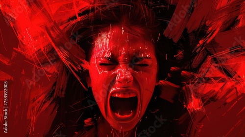 Illustration Of Angry Woman Screaming With Closed Eyes In Red Abstract Style Representing Concept Of Mental Health Problems photo