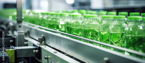 A line of identical bottles filled with a bright green liquid  neatly arranged on a shelf. The liquid appears to be plant-based and possibly herbal in nature. Each bottle is labeled with a small tag
