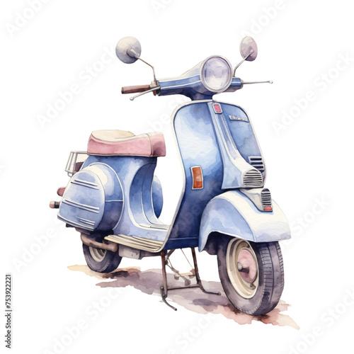 watercolor painting of a classic blue scooter