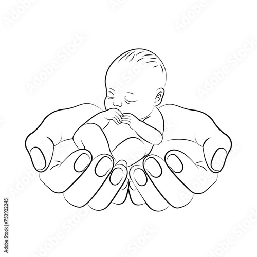 Human hands holding premature newborn baby. Love and medical care for child flat vector illustration. Neonatology, World Prematurity Day