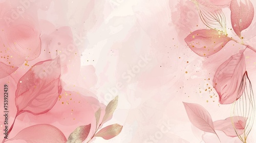 Luxury watercolor style wallpaper pink flower and botanical leaves. AI generated image