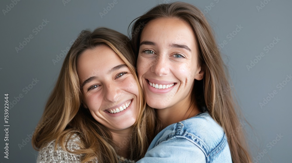 Best friends sharing a warm embrace with joyful smiles. Young adult women hugging and exhibiting strong friendship bond. Genuine happiness and affection between close friends. Best friends sharing a warm embrace with joyful smiles. Young adult women hugging and exhibiting strong friendship bond. Genuine happiness and affection between close friends.