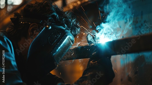 Epic view a man welder working with protective face and eye shield on steel industrial. AI generated