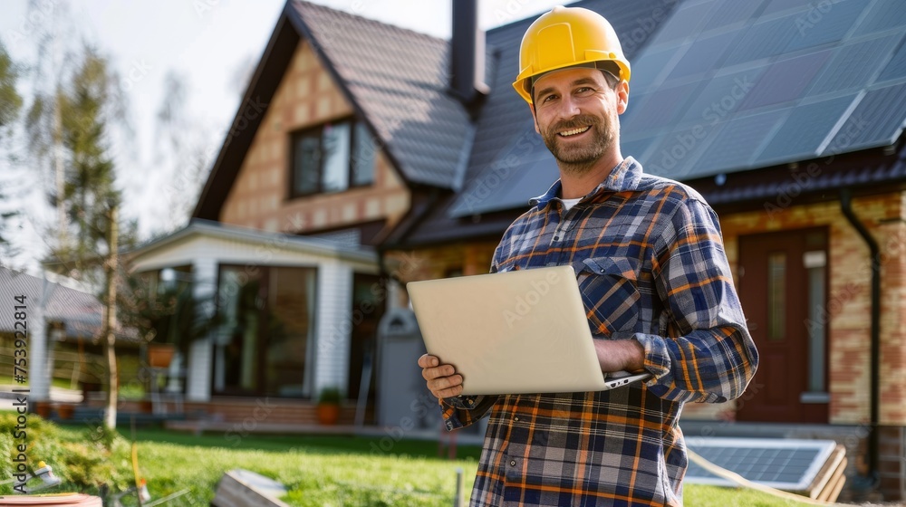 Solar energy consultant with laptop at residential installation. Engineer in safety helmet smiling at sustainable housing project. Professional assessing solar panels on suburban home. Solar energy consultant with laptop at residential installation. Engineer in safety helmet smiling at sustainable housing project. Professional assessing solar panels on suburban home.
