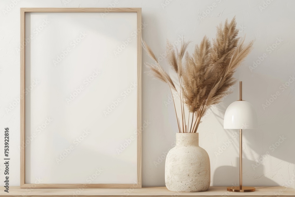 Elegant home decor with a blank frame ready for art beside a pampas grass vase. Modern interior design with a minimalist aesthetic featuring natural elements.