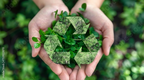 Hands holding a recycling symbol made from various green leaves, with a dense green leaf background. Eco-sustainability represented by leaf-recycling symbol, environmental commitment