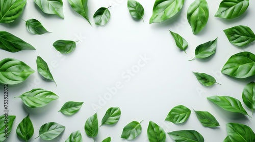 Bright green basil leaves arranged on white for a fresh frame. Circle of basil leaves on white, ideal for culinary backgrounds. Vibrant green leaf pattern forming a natural frame on white.