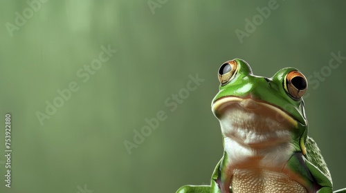Close-up image of a smiling green tree frog with large eyes. Vivid close-up of a green amphibian on a soft green backdrop. Detailed portrait of a green tree frog in natural light setting.