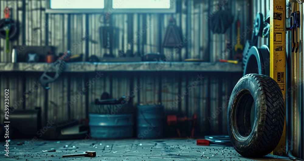 Atmospheric garage workshop with scattered tools and a tire