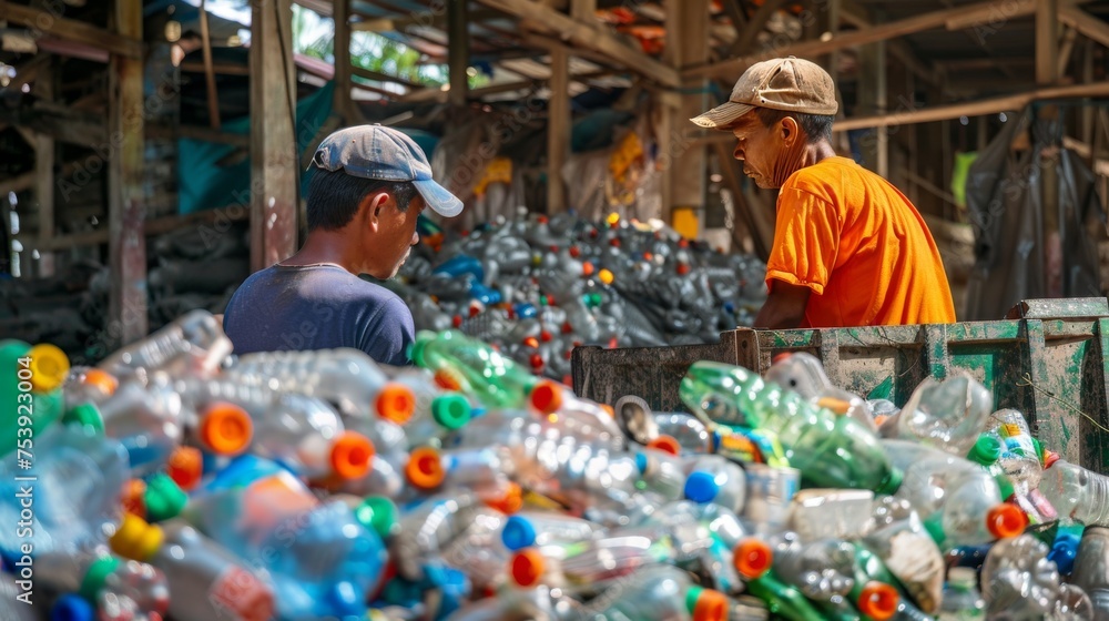 Obraz premium Workers at recycling facility managing plastic waste. Large-scale recycling operations in environmental sustainability. Active participation in plastic bottle recycling to protect the ecosystem.