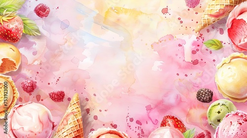 Artistic ice cream and berry watercolor composition on pastel background. Delicious scoop of ice cream with fresh berries on watercolor backdrop. Whimsical dessert-themed watercolor art with ice cream