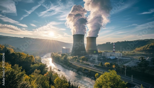 Sunrise over a serene nuclear power landscape with steaming towers. Early morning light illuminates a sustainable energy nuclear plant. Sustainable nuclear energy generation photo