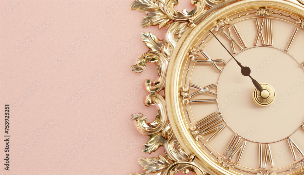 An elegant gold clock with intricate details on a soft pink background