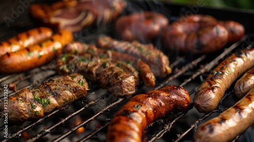 Close up meat, sausages, bee grilling over the coals in outdoor party. AI generated image