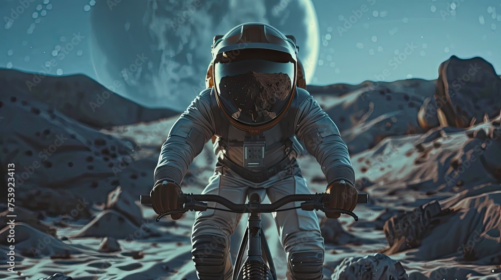 Obraz premium Illustration Of Unrecognizable Person Wearing Protective Helmet And Spacesuit Riding Bicycle On Sandy Off Road Simulating Moon