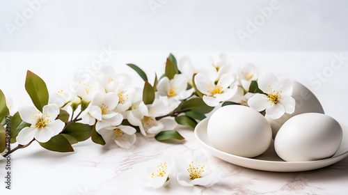 White Easter eggs and spring flowers on a white marble background. Copy space. Greeting card on an Easter theme. Happy Easter concept.