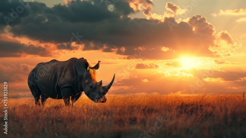 Animal wildlife photography rhino with natural background in the sunset view  AI generated image