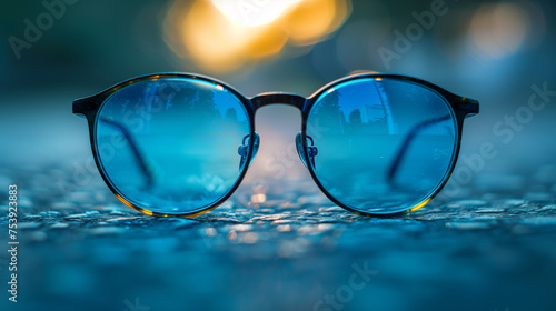 Pair of tinted eye glasses with black frames, detailed closeup. photo