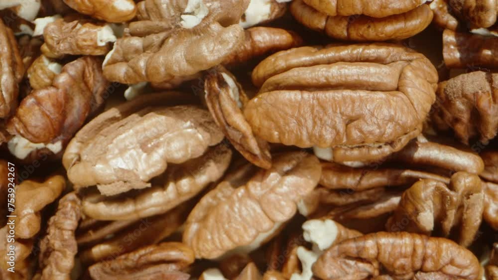 Top-down macro zoom on a background with pecan nuts. Dolly slider, close up. Top-down macro zoom on a background with pecan nuts. Dolly slider, close up.