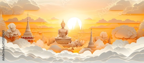 Paper Art Cityscape with Buddha at Sunset, To provide a unique and artistic representation of a cityscape with a spiritual twist, suitable for a wide