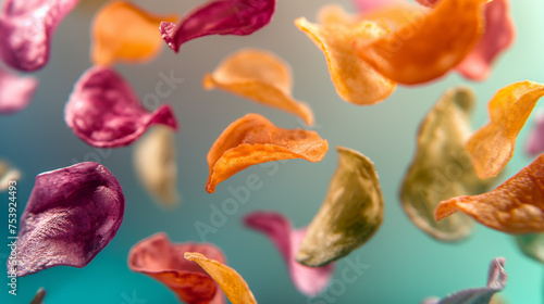 Verduras fritas, patatas de sabores, snacks saludables en el aire volando, bodegón moderno, concepto de aperitivo sabroso, apetecible y fresco