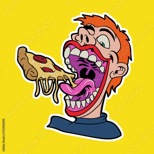 Hungry Man Eating Pizza Cartoon Vector Illustration