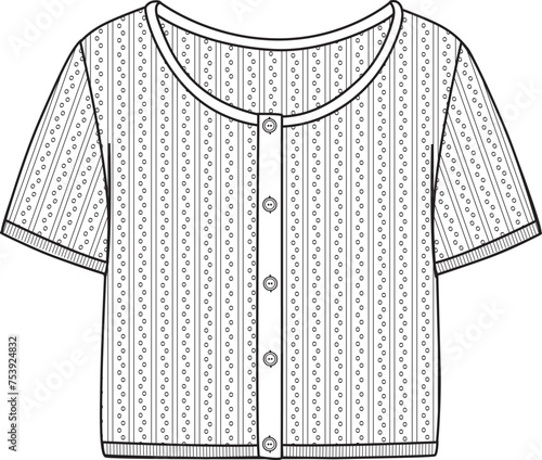 Women's Short Sleeve Crochet Cropped Cardigan. Technical fashion illustration. front, white color. Women's CAD mock-up.