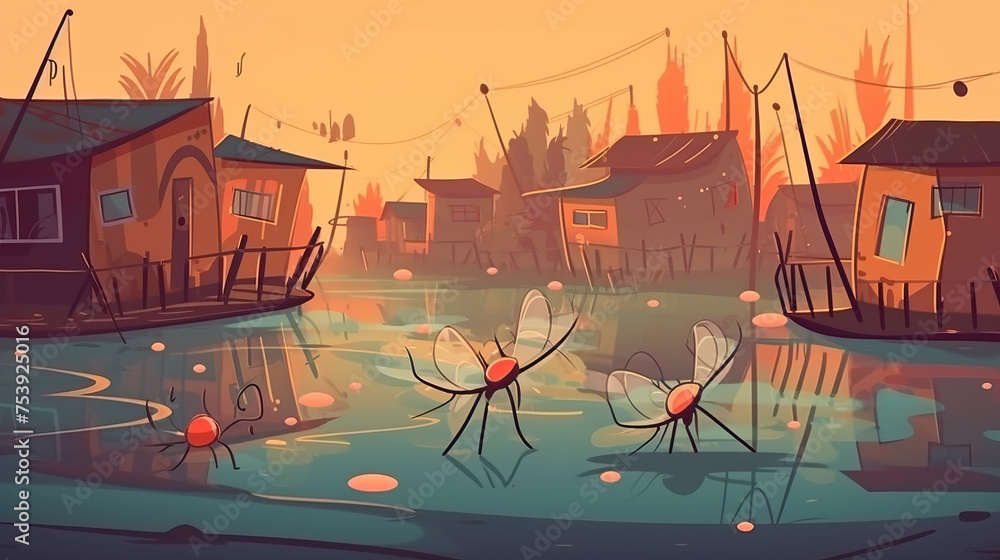 world malaria day concept, stagnant rain water with cartoon mosquito in dirty water 