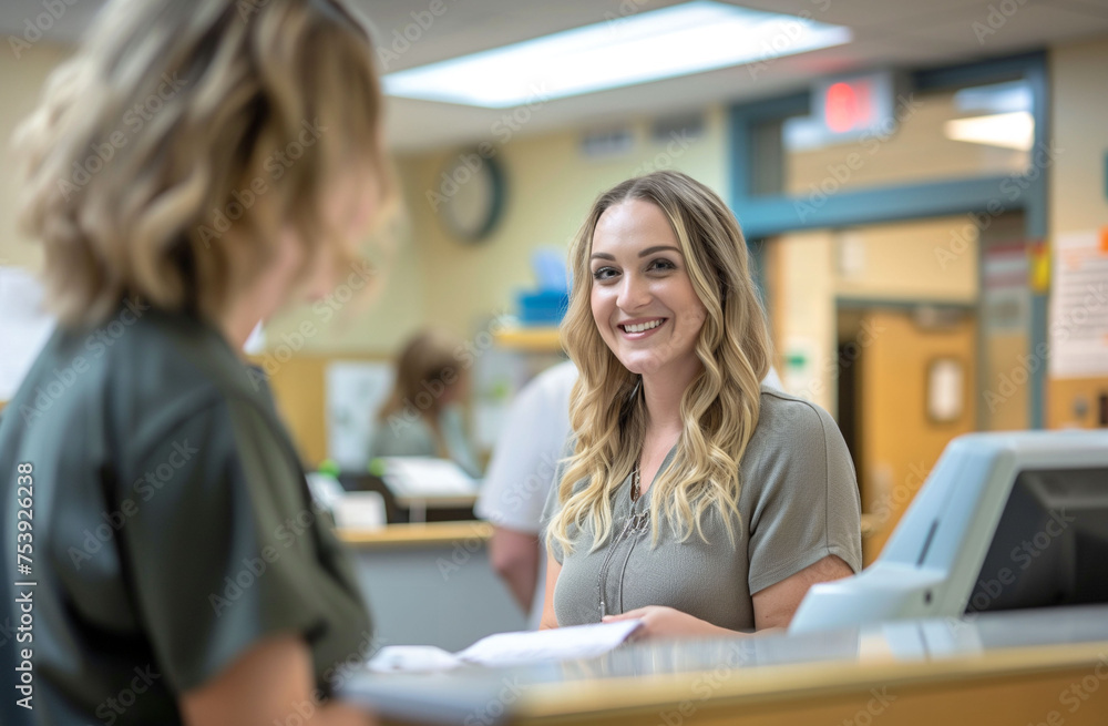 A cheerful woman is engaging with a customer at the reception desk, evoking a friendly and professional atmosphere A cheerful woman is engaging with a customer at the reception desk, evoking a friendly and professional atmosphere