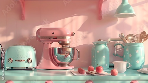 Cute Pastel Kitchen with Vintage-Style Appliances, To provide a visually appealing and on-trend image for advertisements, blogs, or social media