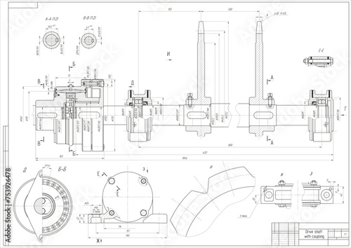 Assembly drawing of drive shaft with coupling.
Vector cad scheme of steel mechanical device with shaft, gear, 
electric engine, bearing, bolted connection and dimension lines.
Engineering background. 