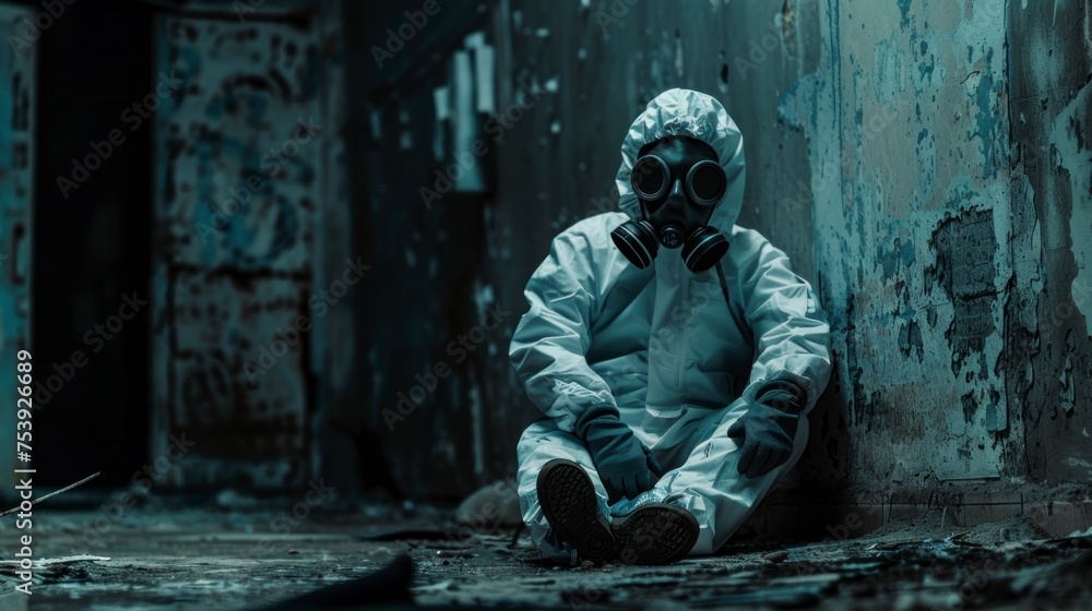 person with a radiation suit in an abandoned bunker-style site with radiation in high resolution and high quality. radiation, fumigation concept