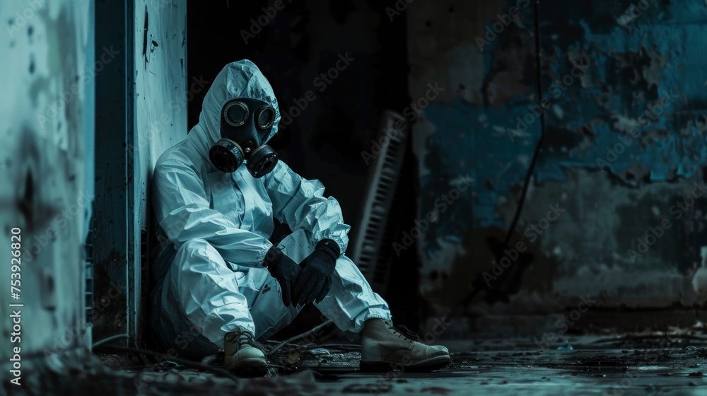 person with a radiation suit in an abandoned bunker-style site with radiation in high resolution and high quality. radiation concept, fumigation, bunker