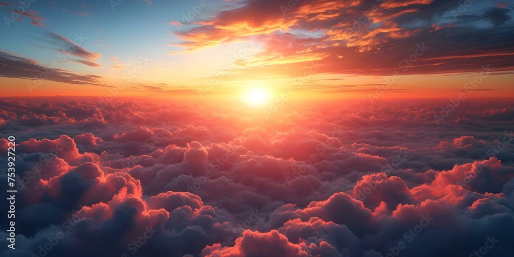 A breathtaking sunset sky above clouds: a symbol of hope and divinity. Concept Sunset Photography, Sky Landscape, Hopeful Imagery, Cloudscape, Divine Inspiration