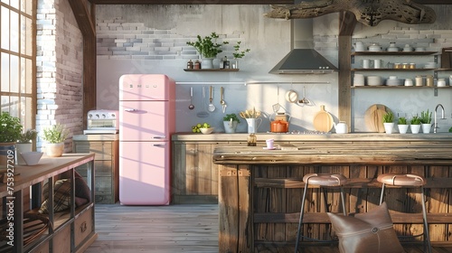 Pink Smeg Refrigerator in Rustic Kitchen, To inspire and provide ideas for a unique and stylish kitchen design that combines rustic and industrial photo