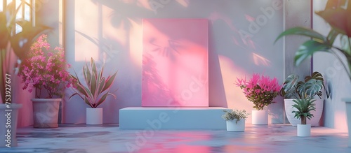 Pink Wall with Greenery and White Podium in Minimalist Room, This image captures a unique and modern interior design, perfect for adding a pop of