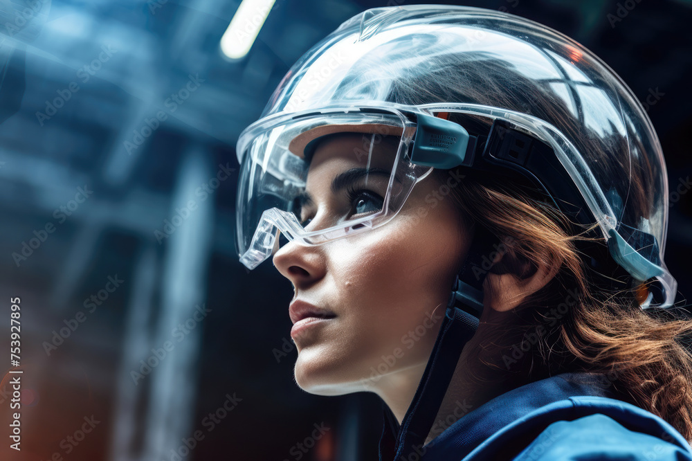 Focused woman in a clear protective helmet and goggles. Focused woman in a clear protective helmet and goggles.
