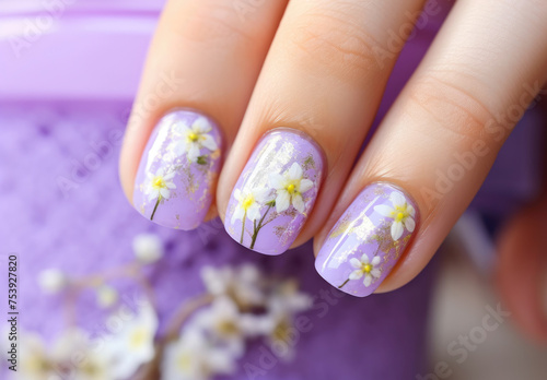 Close-up of delicate floral nail art with lavender hues and golden flecks, showcasing intricate white daisy designs on polished fingernails.
