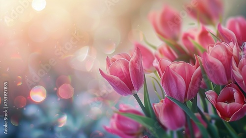 Beautiful pink tulips bouquet on blurred background. AI generated image #753927885