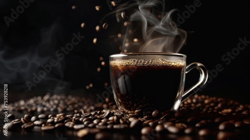 Close up a cup glass of hot black coffee around coffee beans on dark background. AI generated image