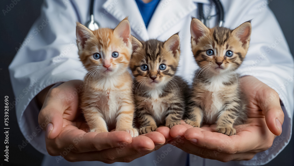 veterinarian hands holding fluffy kittens professional