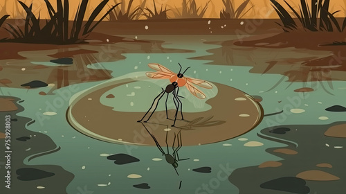 illustration of a mosquito in mud water, carrying germs and malaria, Art,Design of nature,animals,insects concept. photo
