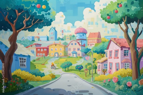 A Painting of a Street With Houses and Trees © Vit